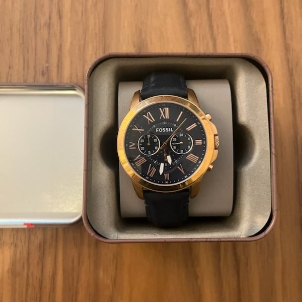 Grant Chronograph Rose Gold & Blue Leather Watch (Fossil)